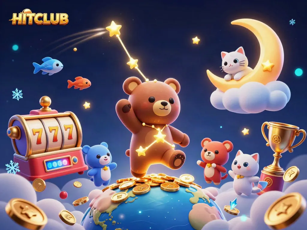 Experience HITCLUB's thrilling 3D cartoon illustration featuring dynamic casino elements and characters.