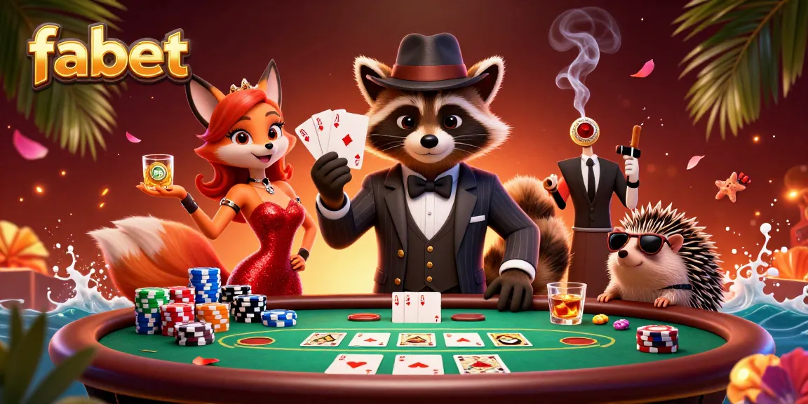 Engage in high-stakes poker with fabet featuring a suave raccoon and a glamorous fox.
