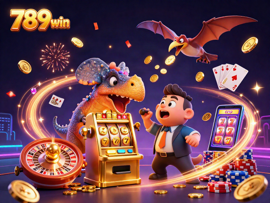 Experience the excitement of 789win with animated dinosaur characters playing slots and catching coins!