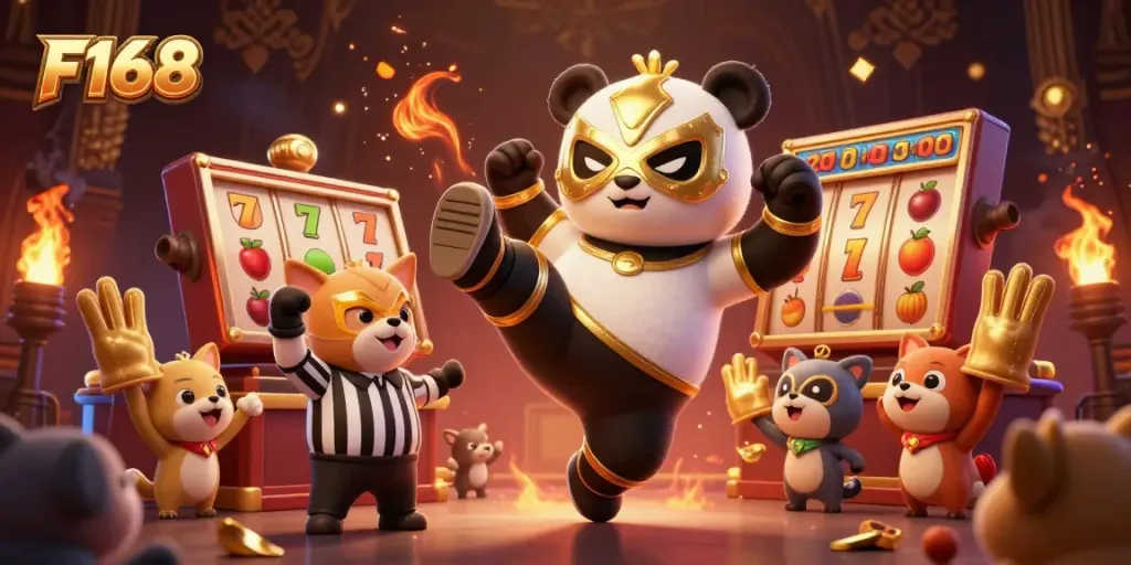Experience the vibrant action of F168 with a wrestling panda and excited animal fans amidst a dynamic casino scene.
