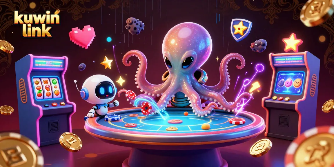 Experience the excitement at the kuwin link poker table with a galactic octopus and vibrant arcade elements.