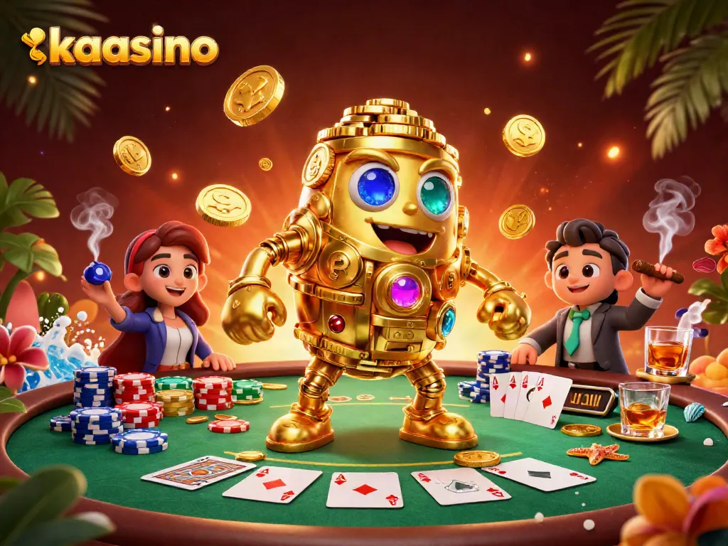 Kaasino goes big with a vibrant casino scene full of poker tables, chips, and a golden golem.