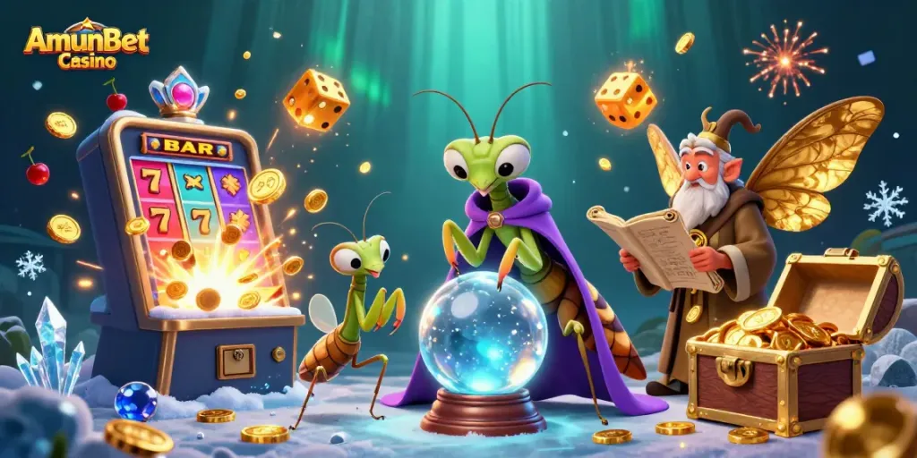 AmunBet Casino biedt een betoverende sfeer met zijn 3D-illustratie van een waarzegger en gelukkige symbolen, perfect voor spelers.