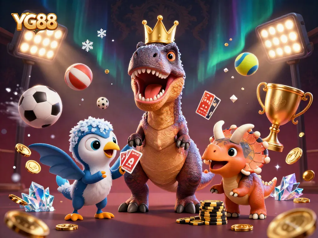 YG88 captures excitement as a T-Rex shuffles cards with a pterodactyl while a baby triceratops stacks chips.