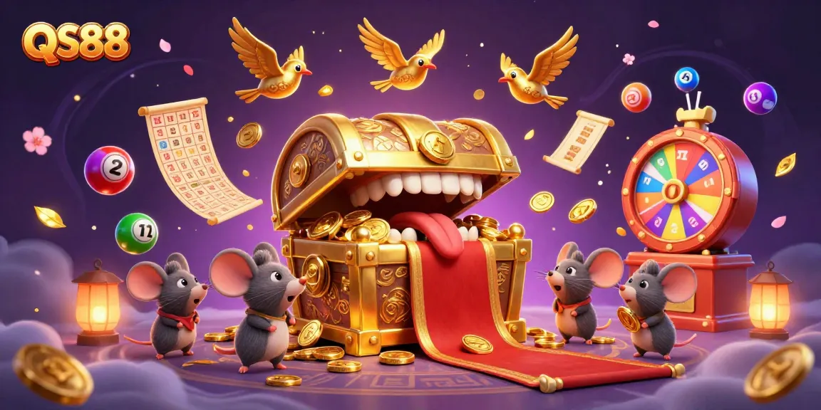 Dynamic scene illustrating QS88 with a golden treasure chest, lottery elements, and captivating casino features.