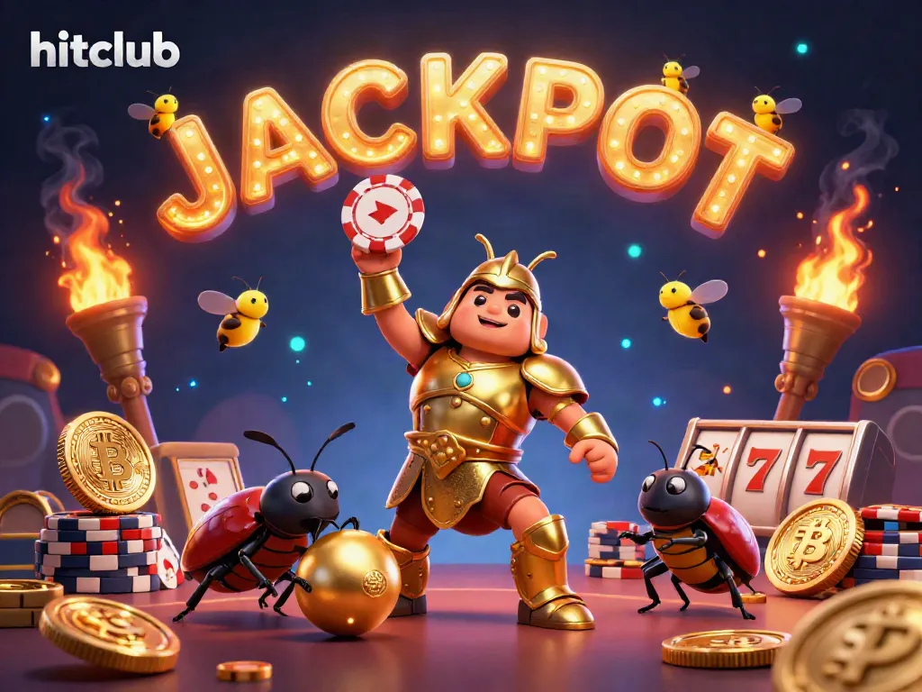 Experience the thrill of hitclub with a 3D cartoon beetle celebrating a jackpot victory in a vibrant casino setting.