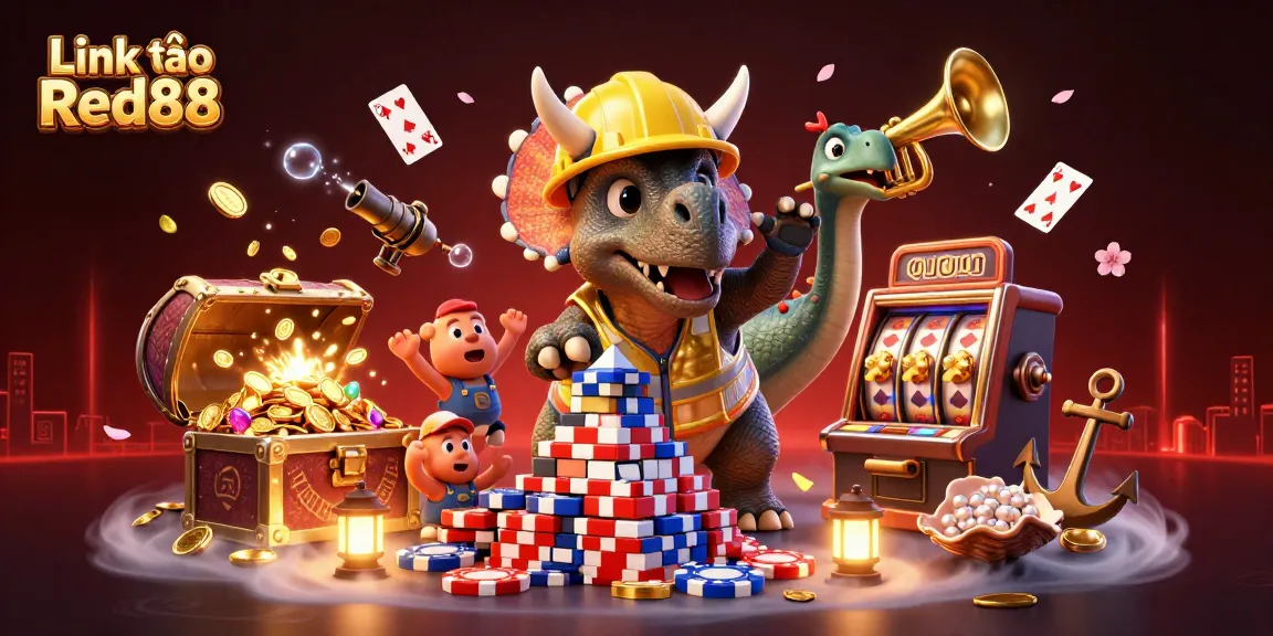 Engage with thrilling games at Link vào Red88, seeing the celebration of players in a vibrant 3D casino scene.