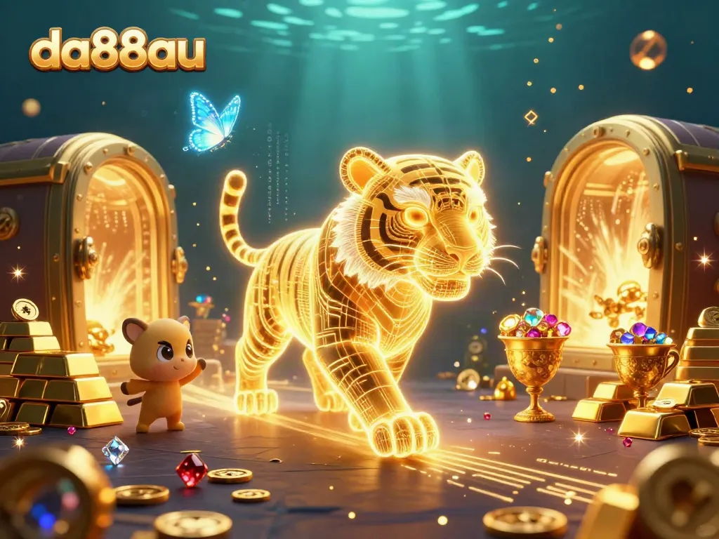 A vibrant, rich 3D scene of da88au's unique digital casino with glowing elements and a golden tiger.