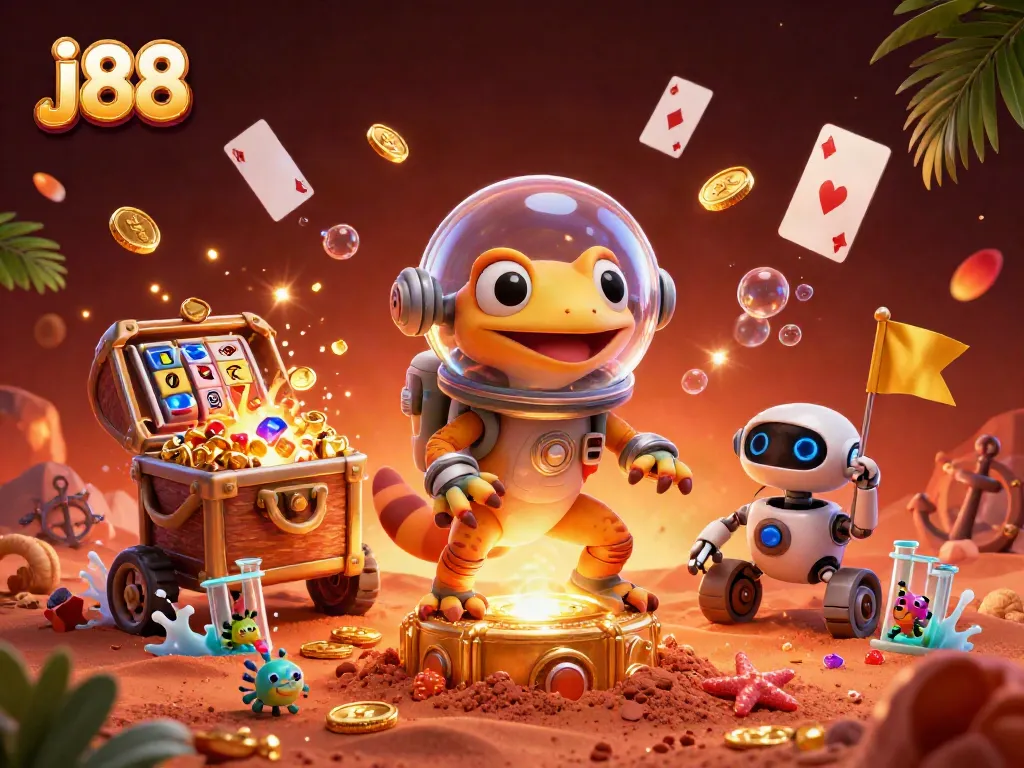 Experience the excitement of j88 with a Martian gecko and vibrant slot machines in this thrilling casino discovery.