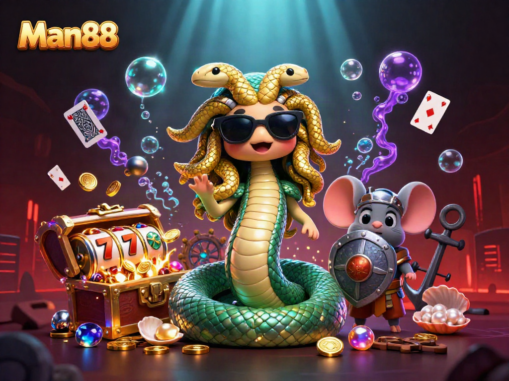 Experience winning strategies with Man88 at this vibrant casino-themed illustration.