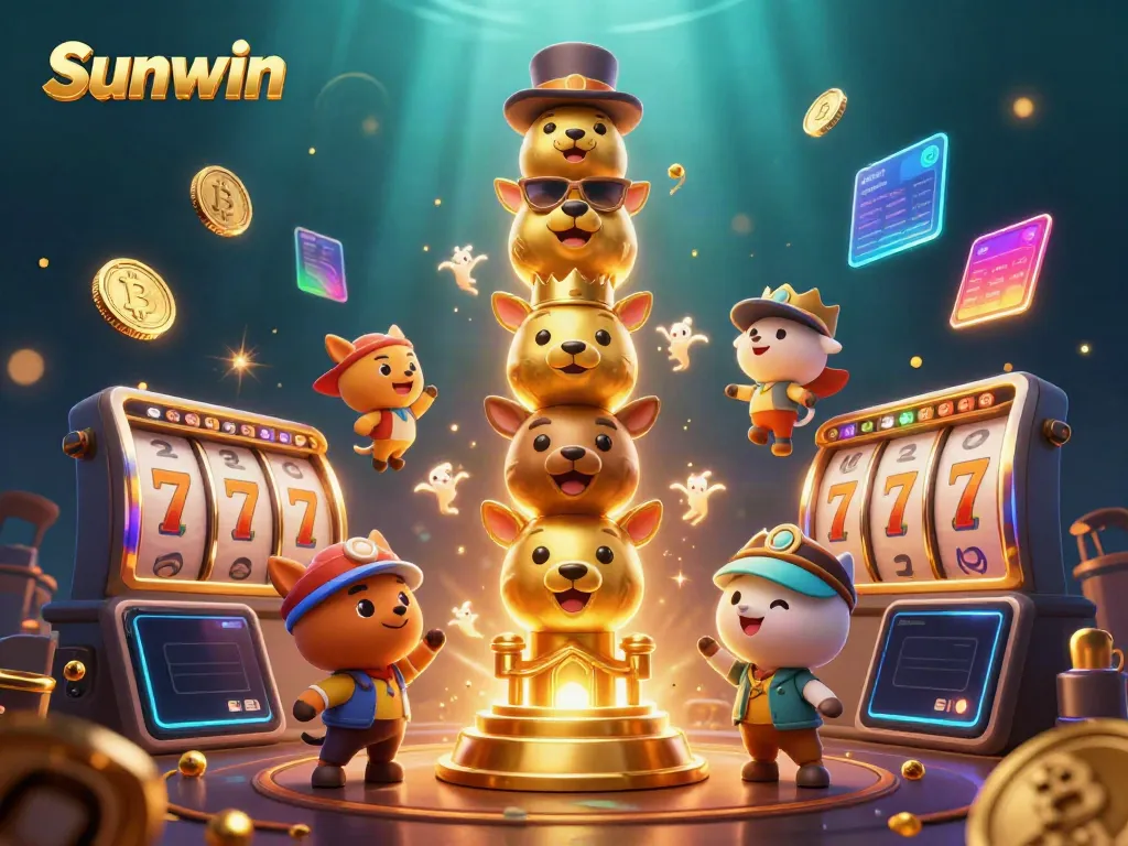 Experience thrilling gameplay at Sunwin with vibrant 3D elements showcasing slots and cryptocurrency.