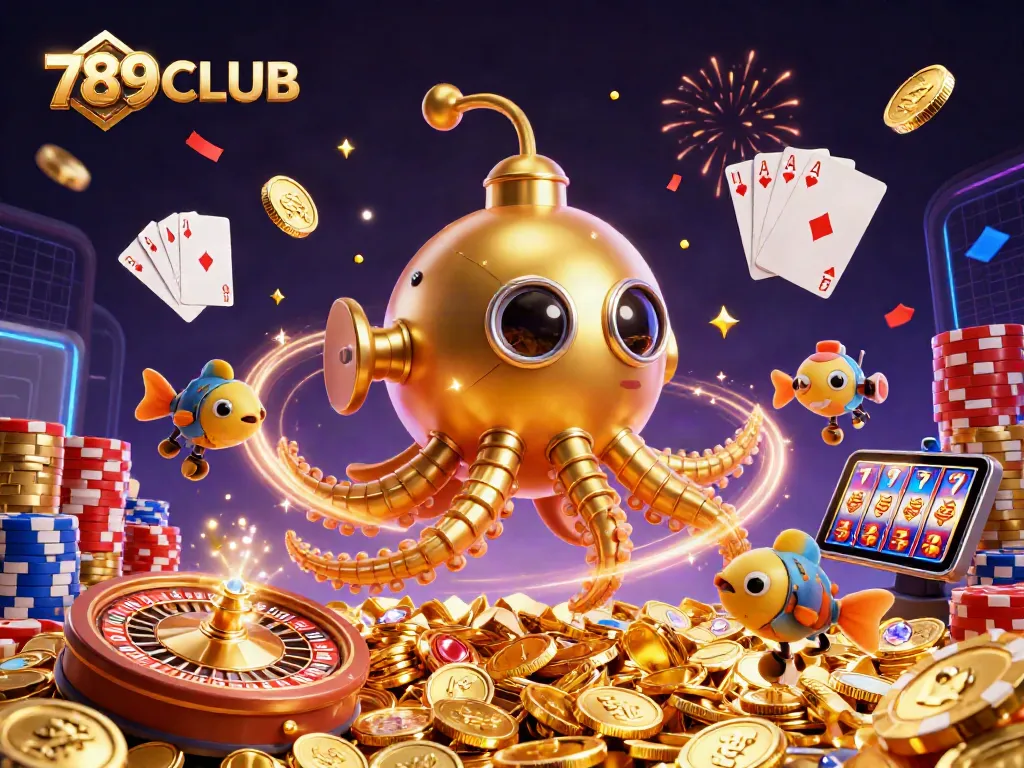 Immerse in the vibrant world of 789CLUB, featuring a golden kraken submarine amidst dazzling casino treasures.