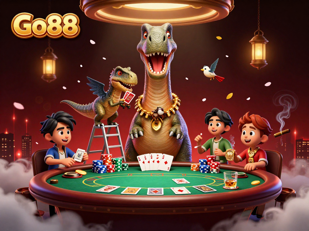 Engage in thrilling games at Go88, featuring animated characters and vibrant casino elements.