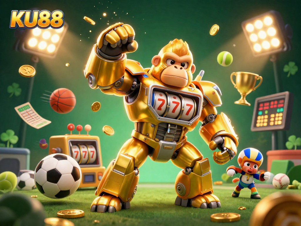 Experience the thrilling action of sports betting with KU88's dynamic gaming environment, showcasing a vivid gorilla mech.