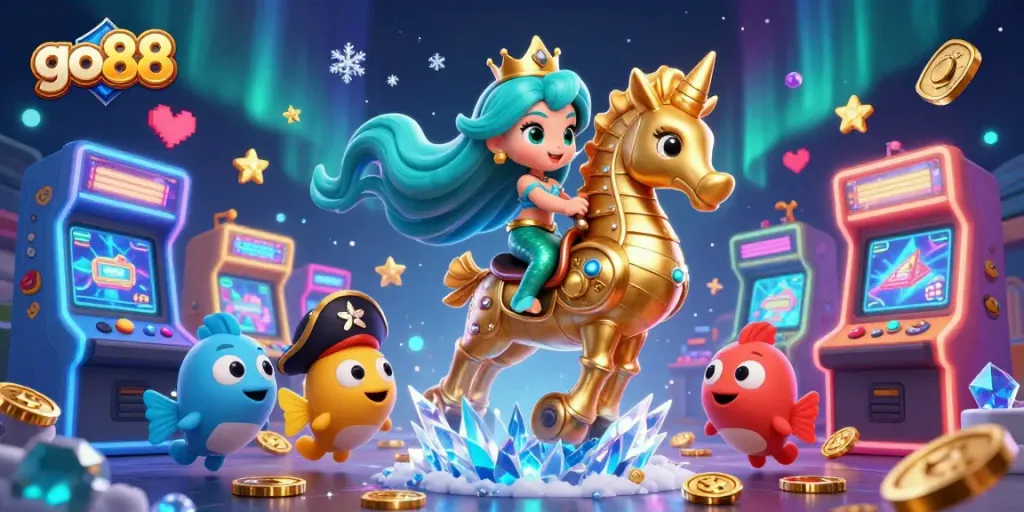 Experience go88 with a vibrant underwater scene featuring a mermaid princess, seahorse, and colorful fish in a dynamic casino.
