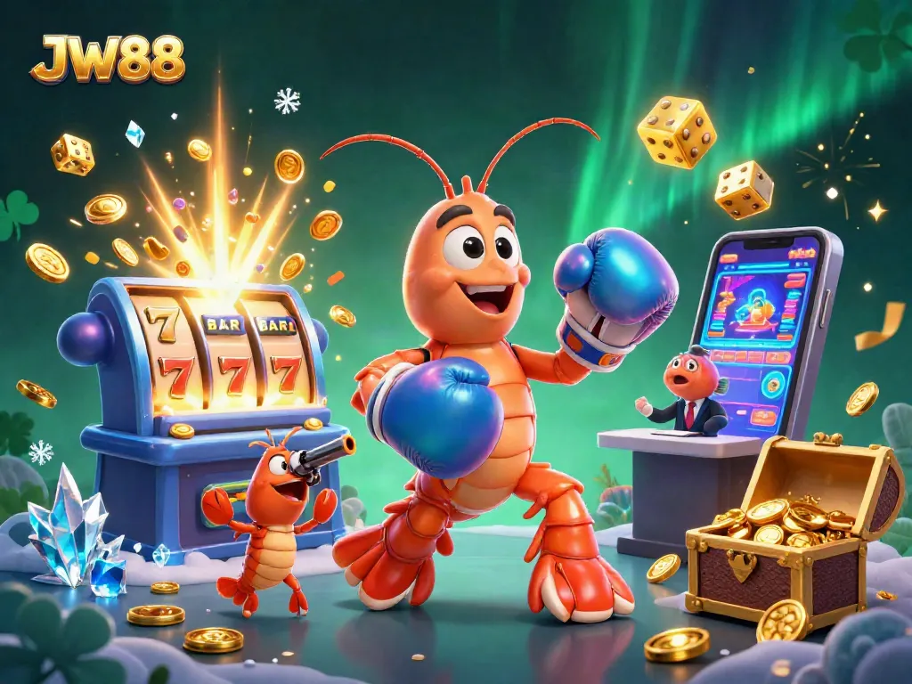 JW88 showcases vibrant casino action with colorful slot symbols and characters, celebrating online gaming.