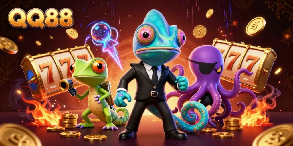 Experience thrilling jackpots with QQ88, featuring vibrant characters and dynamic casino elements.