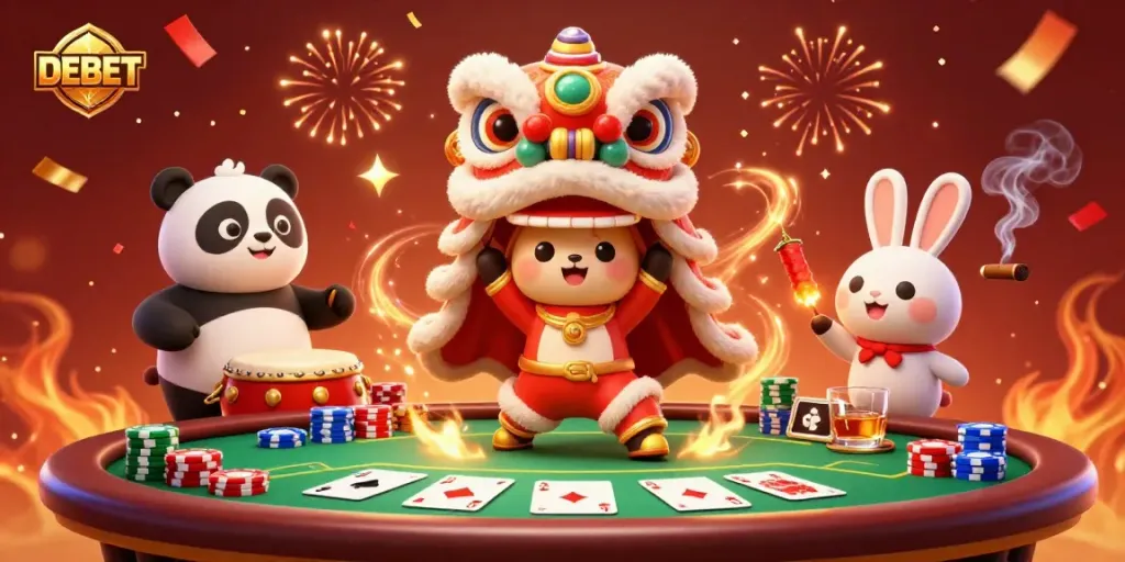 Experience winning with DEBET through an exciting gambling scene featuring a vibrant lion dance and poker elements.