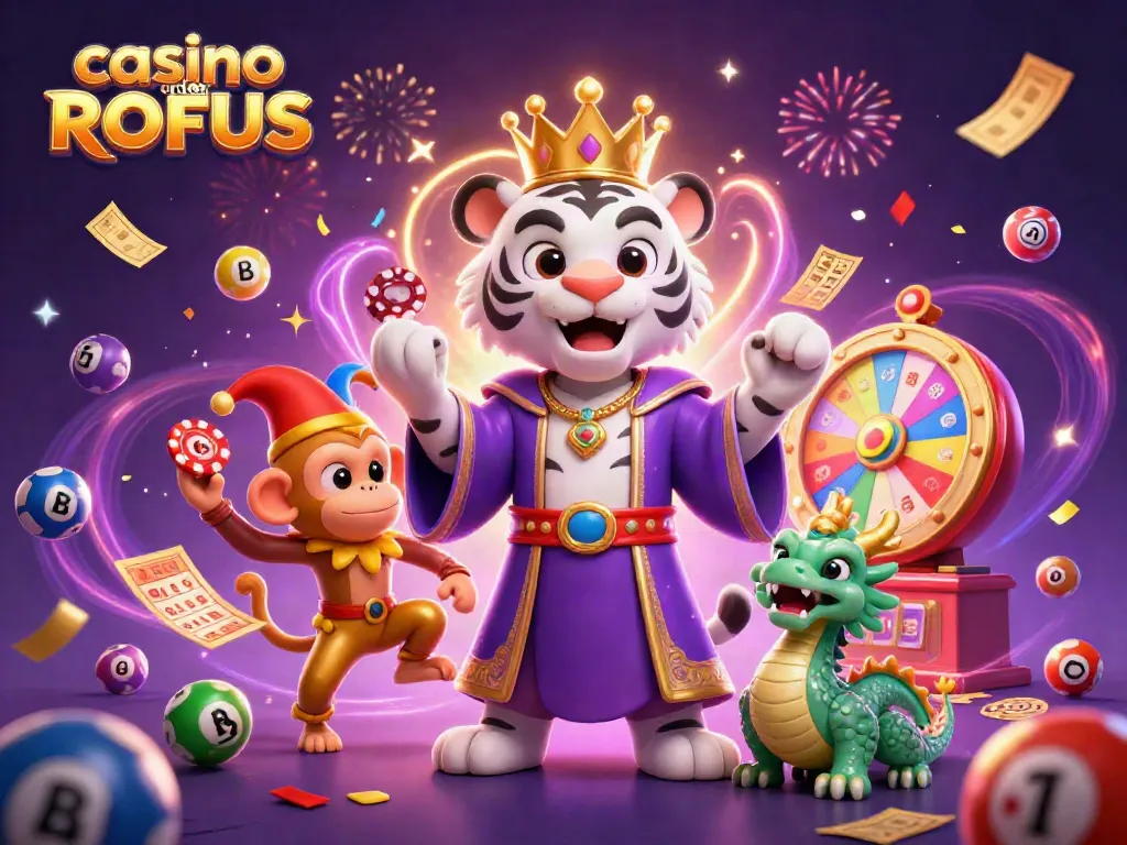 Engaging scene showcasing casino uden ROFUS with a white tiger, monkey, and dragon amidst vibrant gambling elements.