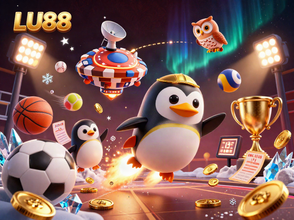 LU88 unleashes vibrant casino excitement with a golden penguin and sports elements in space.