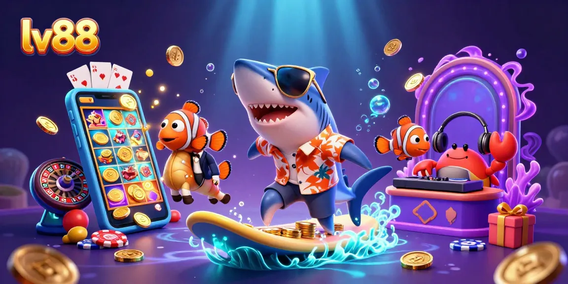 Experience the thrill of lv88 with a shark surfing gold coins amid casino games and vibrant colors.