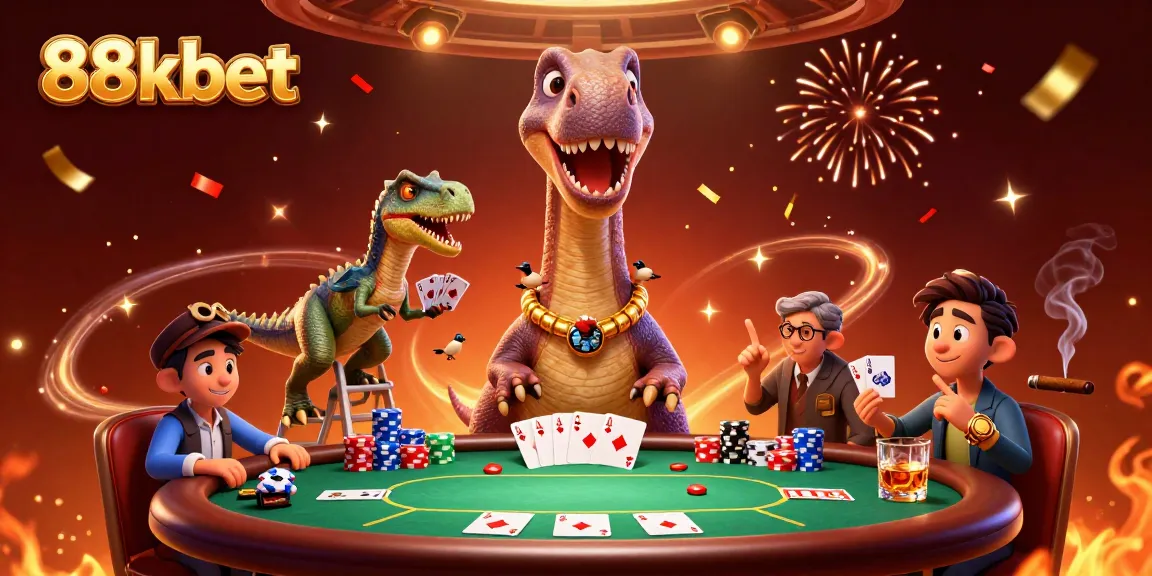 Engage with the exciting world of 88kbet where the brontosaurus oversees a vibrant poker game filled with action.