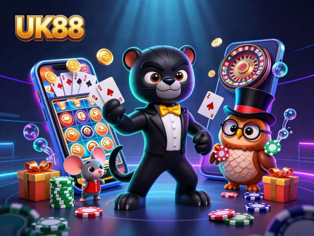 Experience the excitement of UK88 with a stylish panther and whimsical characters in a vibrant casino scene.