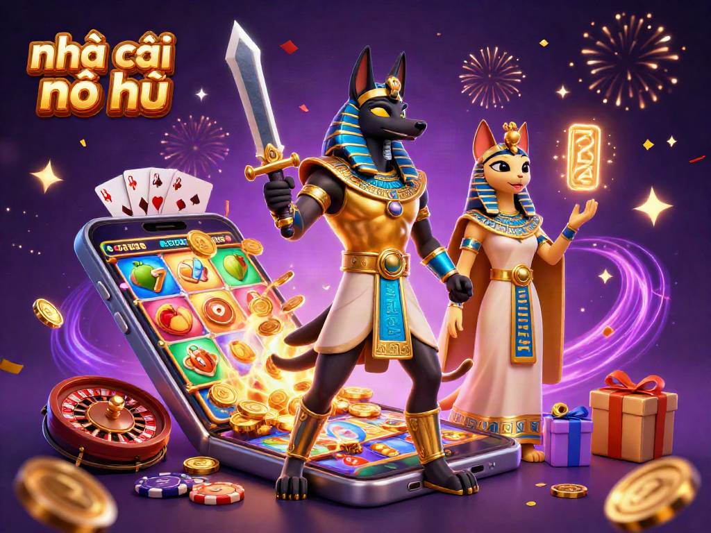 Engage with nhà cái nổ hũ featuring a riveting scene of Anubis and Bastet amidst dynamic casino elements.