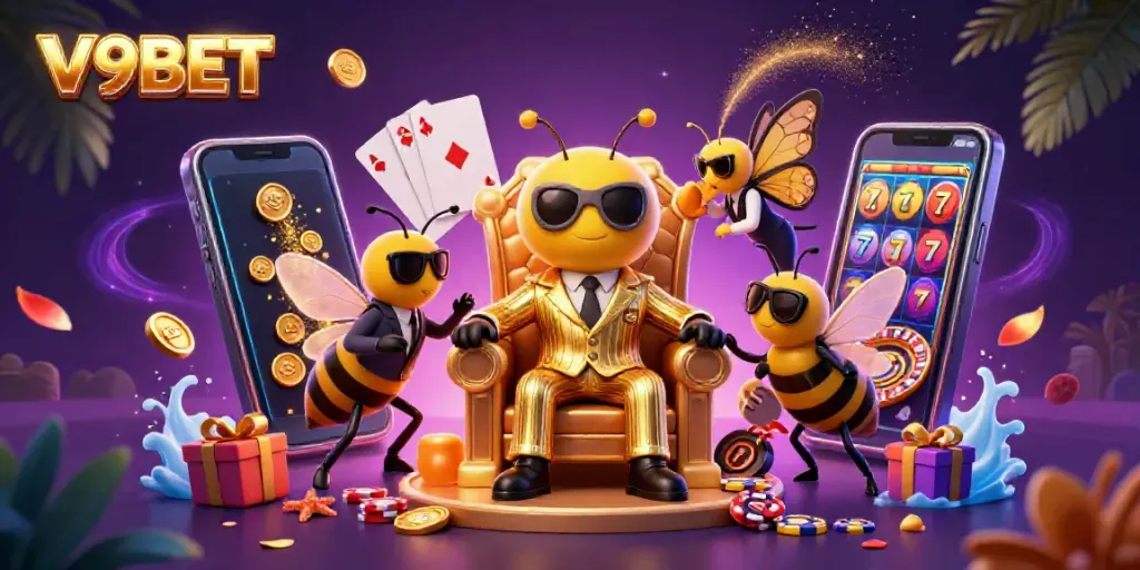 Spin to win with V9BET in a vibrant 3D casino scene featuring a bumblebee mob boss.