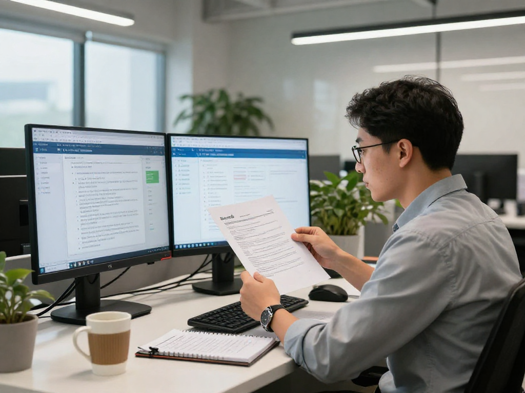 Document fraud detection analysis in a modern office with a forensic analyst reviewing detailed metrics.