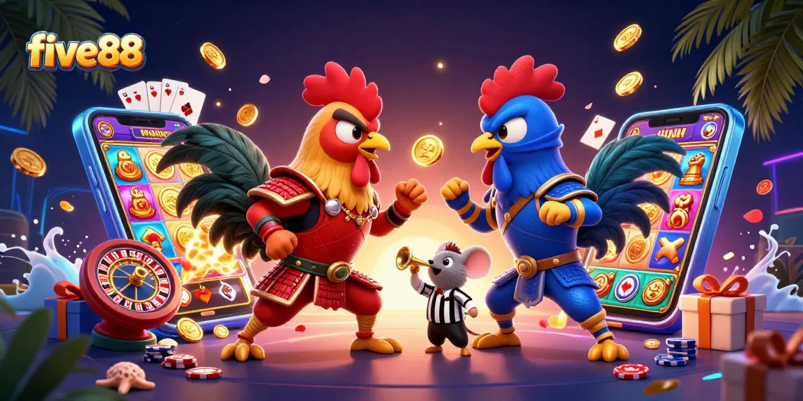 Engage with five88's thrilling casino scene featuring fighting roosters amidst vibrant slot game action.