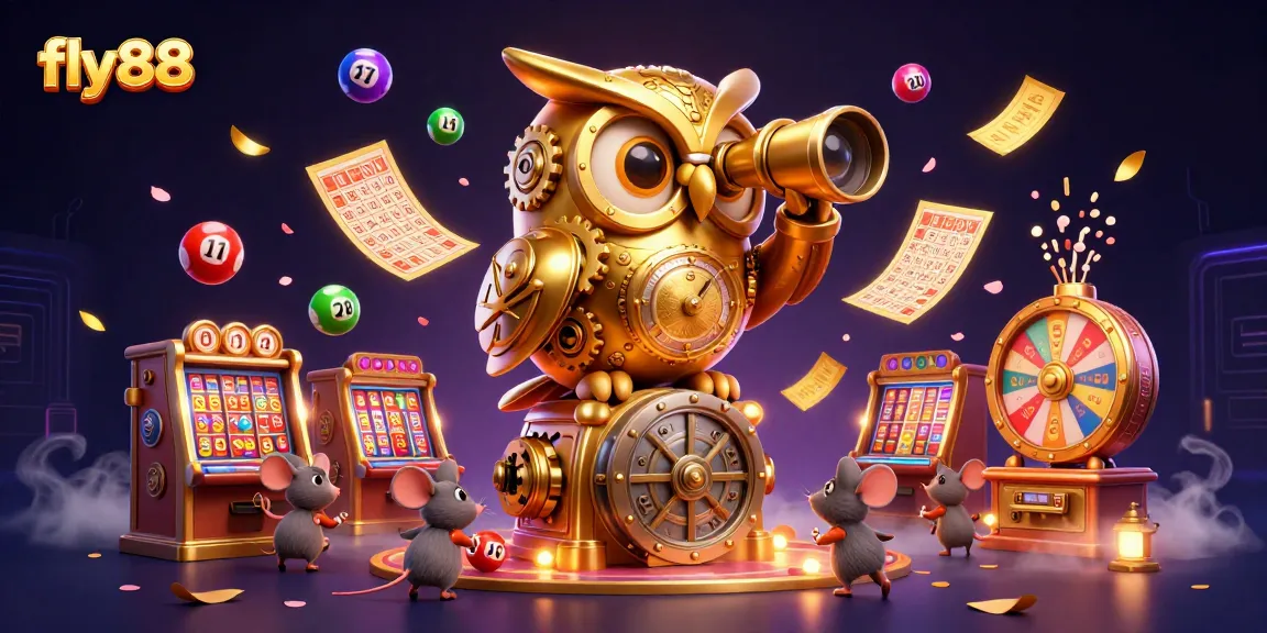 Engage in the excitement at fly88 with golden owl and playful elements in a vibrant casino scene.