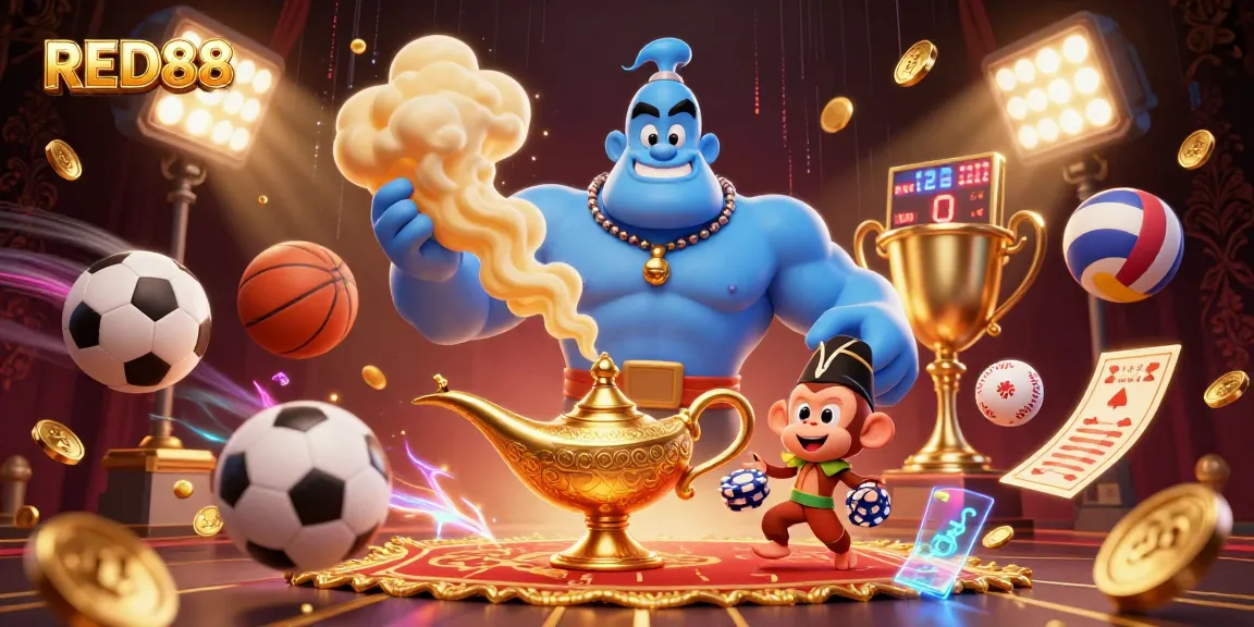 Win at RED88 with an exciting scene featuring a genie and sports-themed elements.
