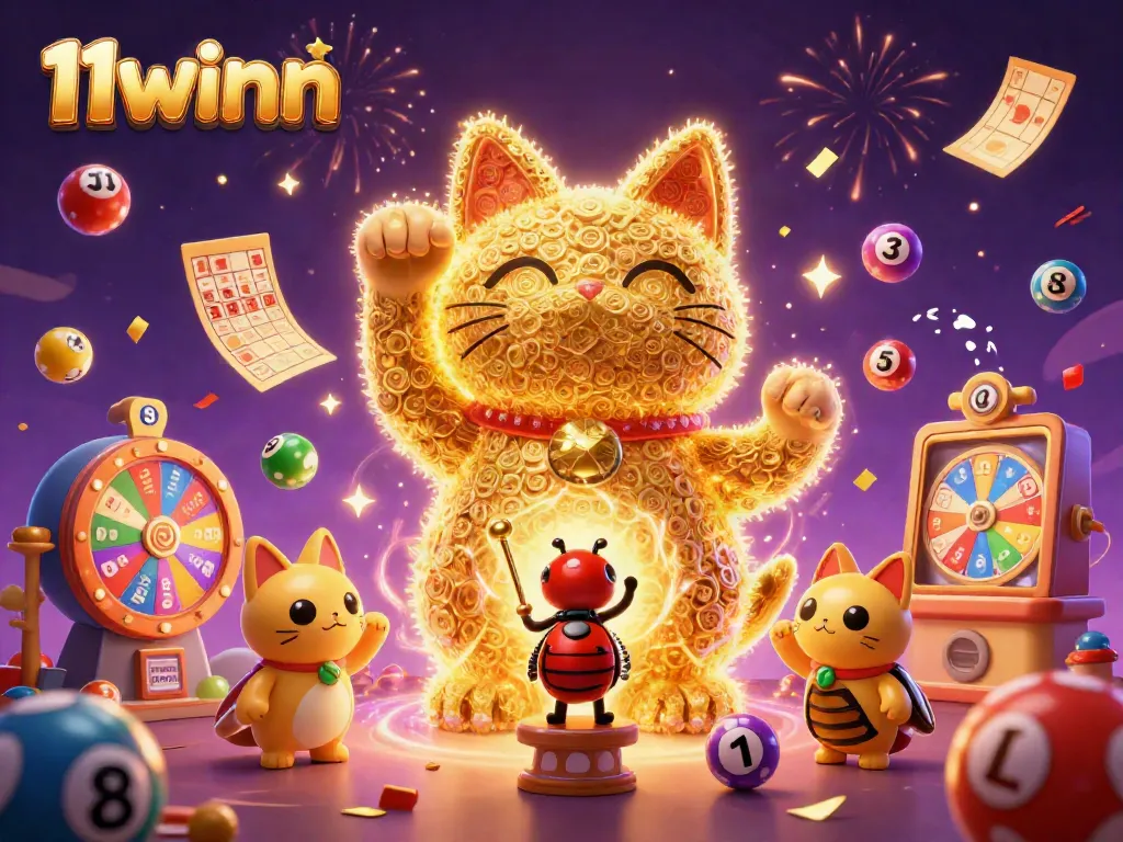 Experience the thrill of winning with 11winn's vibrant casino celebration featuring luck symbols and golden tickets.