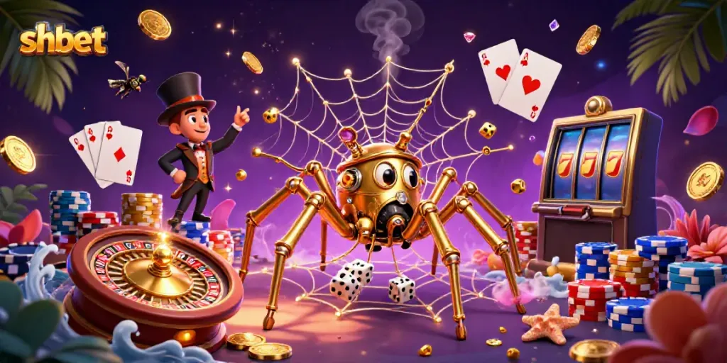 Catch lucky dice with the intricate web of the golden spider in a lively SHBET casino setting.