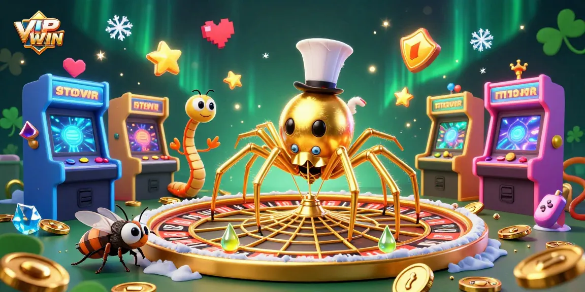 Engage in exciting gameplay at VIPWIN with a dynamic 3D illustration of a spider and centipede croupier with a roulette wheel, enhancing the gambling experience.