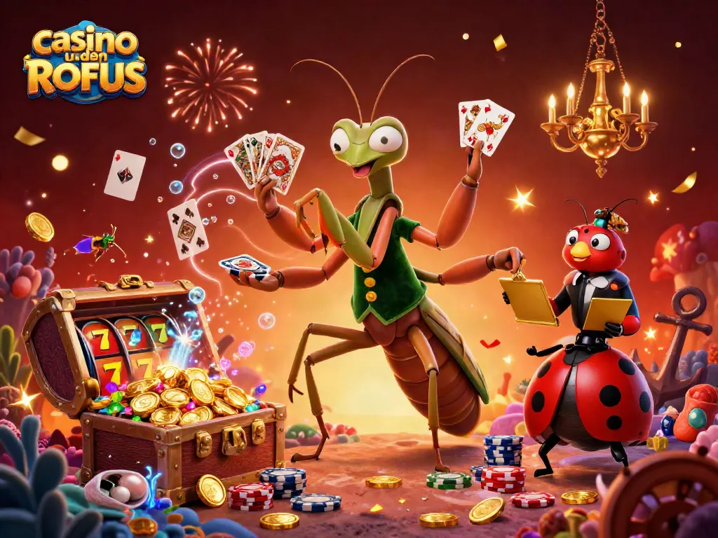Experience exciting gaming at casino uden ROFUS with vibrant characters and lavish elements in this illustration.