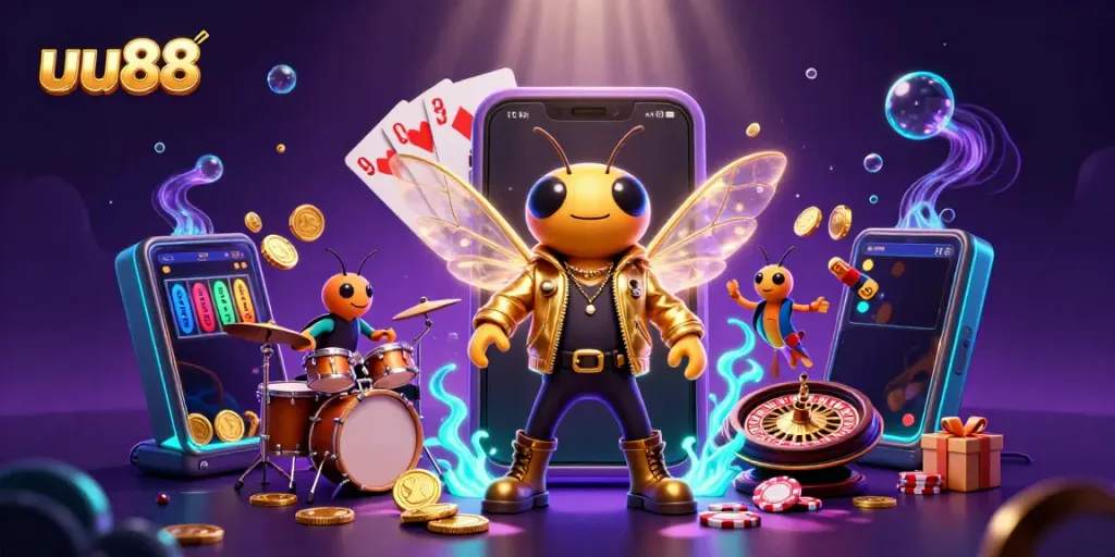 Experience thrilling gaming with uu88's vibrant casino adventure featuring a rock star in a dazzling scene.