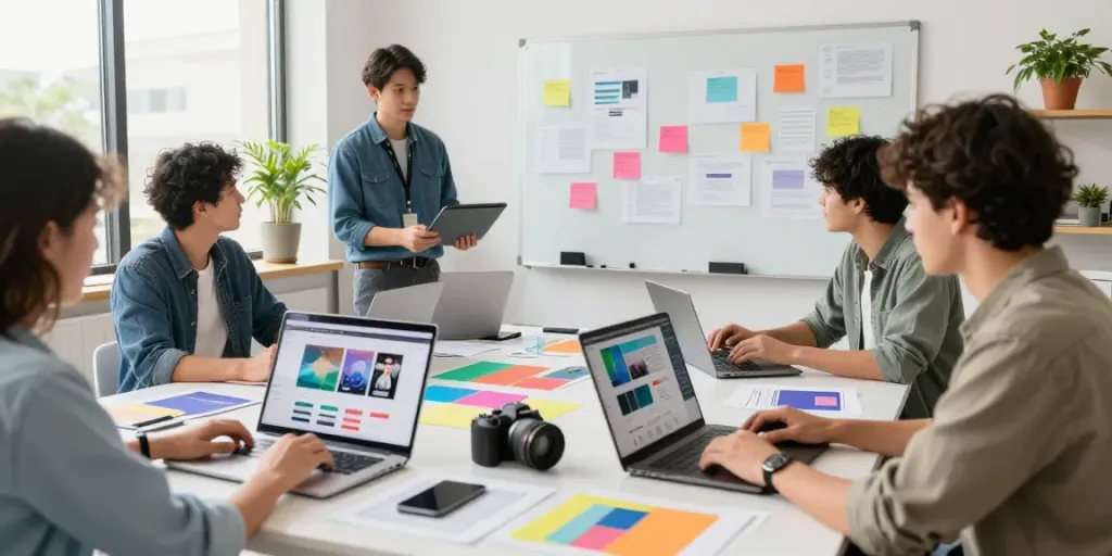 Website laten maken door experts in een moderne ontwerpatelier met een team dat samenwerkt aan unieke ontwerpen.