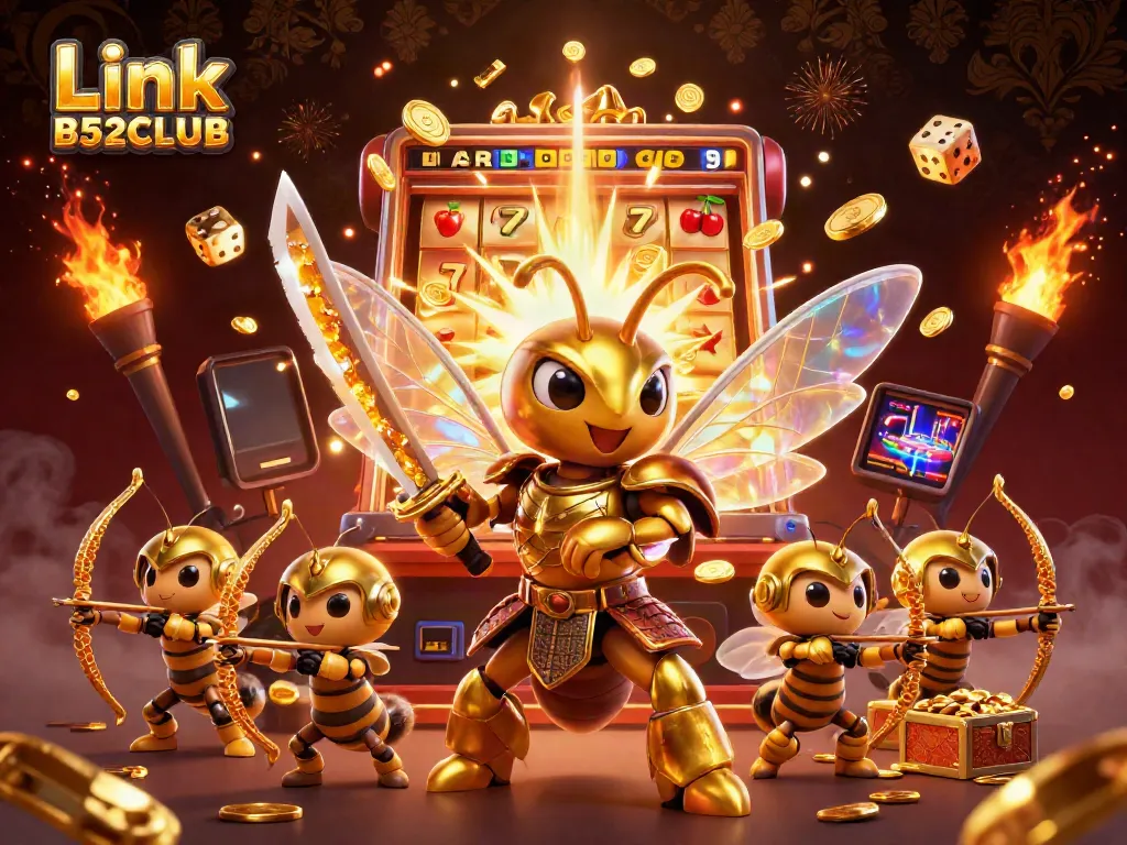 Engage with thrilling casino action at Link B52CLUB, illustrated with dynamic gaming elements and vibrant characters.