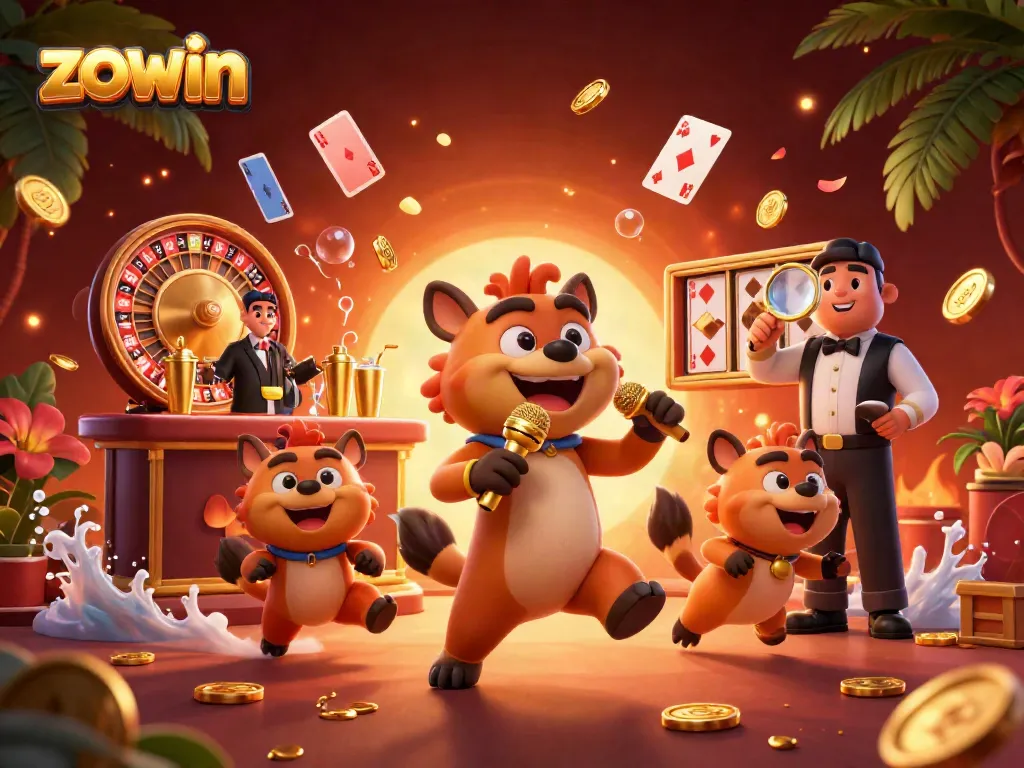 Experience the lively scenes at Zowin's comedy casino with hyena characters engaging in entertainment and gaming.