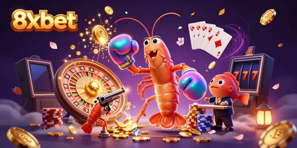 Experience the excitement of gambling with 8xbet's vibrant casino scene featuring animated sea creatures.