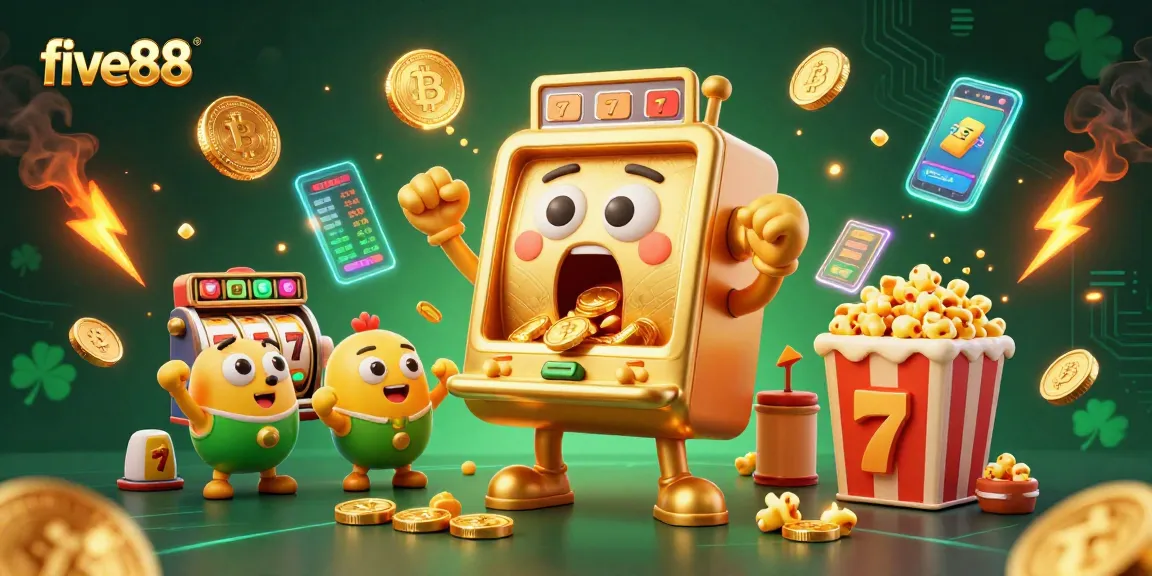 Spin to win at five88! A golden slot machine celebrates a jackpot with cheering mini slots.