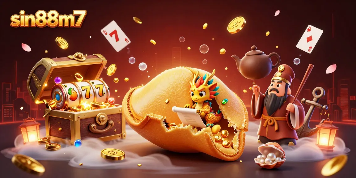 Play and win with sin88m7, featuring dynamic casino elements and 3D fortune cookie characters.