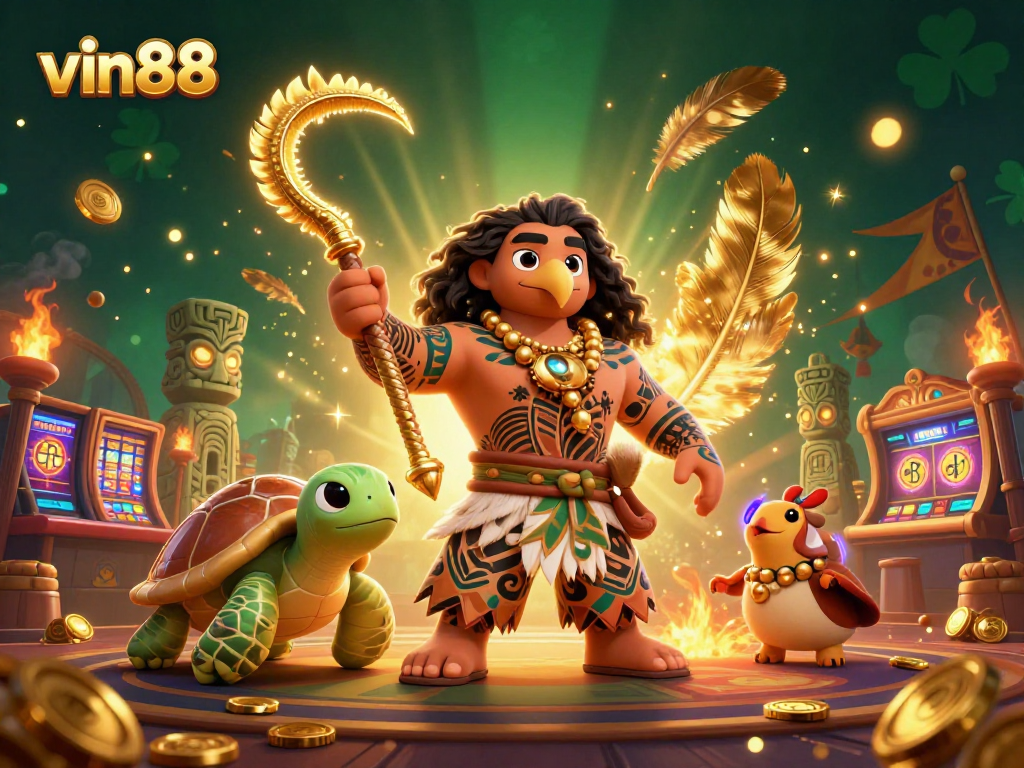 Engage with vin88's vibrant casino world featuring a demigod hawk and intricate game elements.