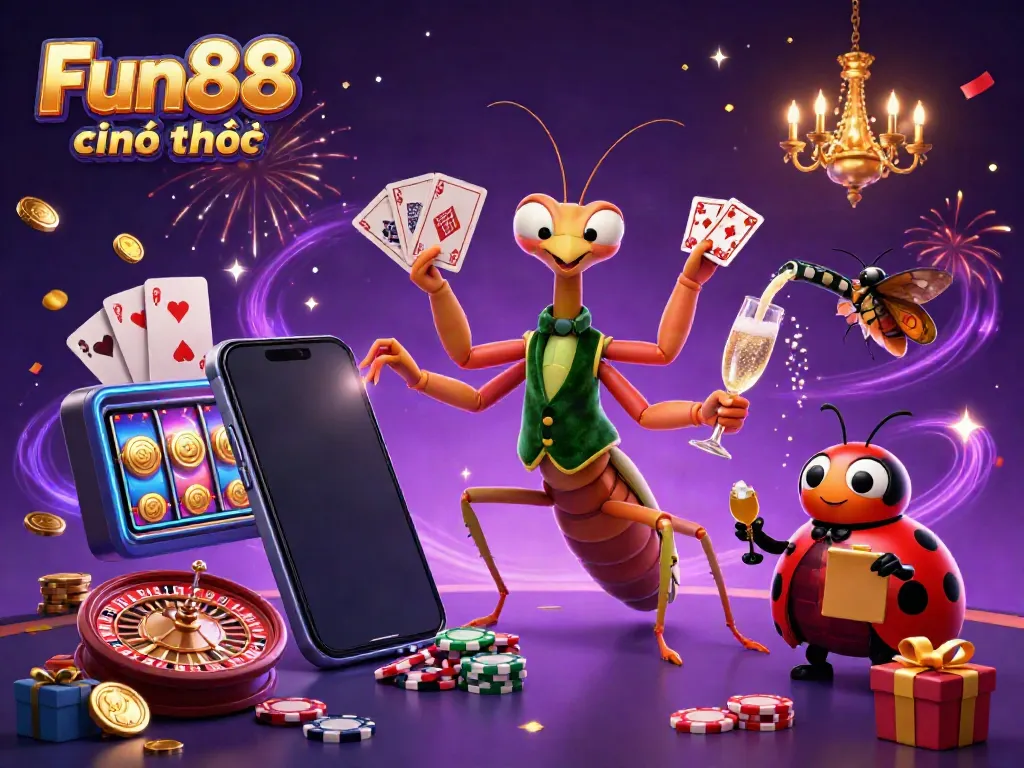 Engaging scene depicting Fun88 chính thức with a cartoon mantis dealer, ladybug boss, and dynamic casino elements.