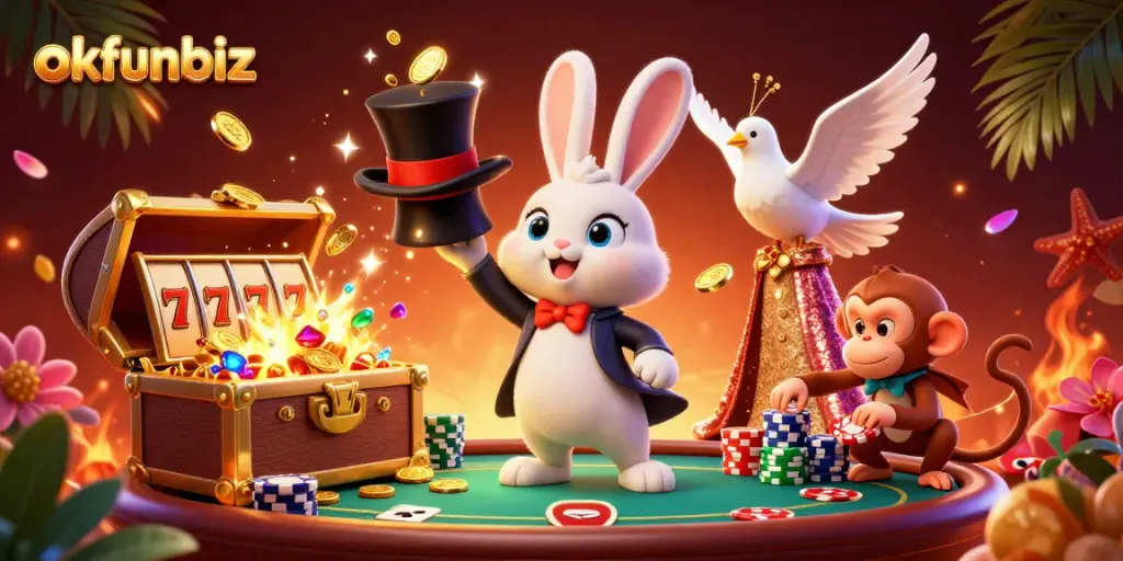 Engage with games at okfunbiz, featuring a magician rabbit and vibrant casino elements.