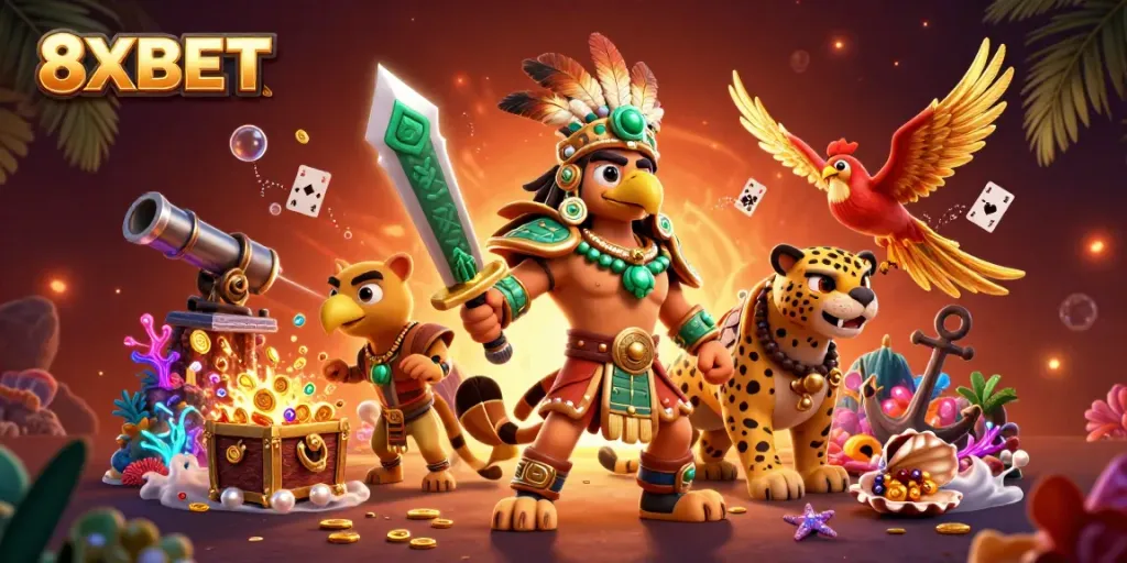 Engage in thrilling gaming adventures with 8XBET's vibrant 3D casino illustration featuring eagle and jaguar warriors.
