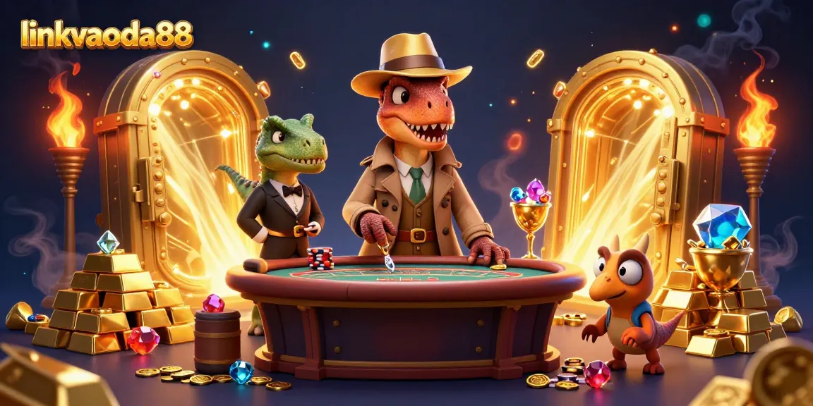 linkvaoda88 showcases a dynamic casino scene with a velociraptor card counter, stegosaurus pit boss, and compy pickpocket amidst gold treasures.