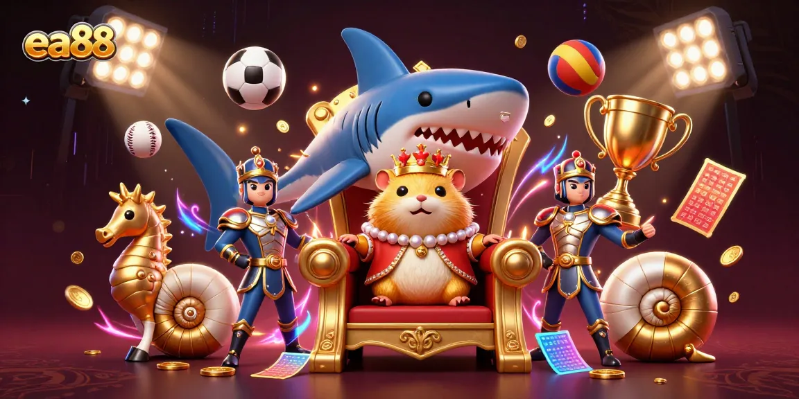 ea88 showcases the golden hamster king with vibrant sports elements for an engaging casino experience